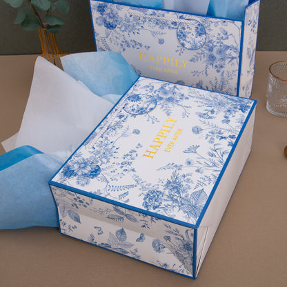 Crisky 13" Large Gift Bag with Tissue Paper and Card (Happily Ever After), Blue Floral Gift Bags for Weddings, Bridal Showers, Engagements