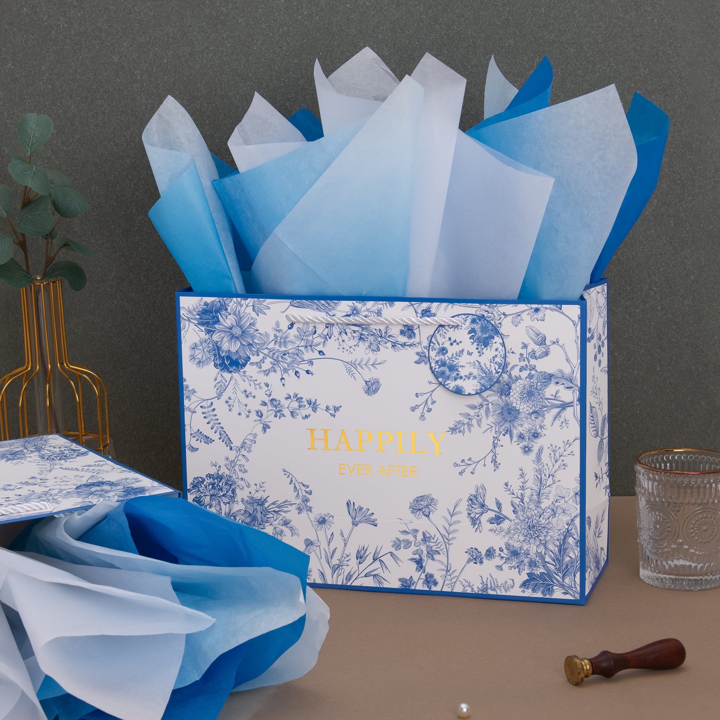 Crisky 13" Large Gift Bag with Tissue Paper and Card (Happily Ever After), Blue Floral Gift Bags for Weddings, Bridal Showers, Engagements