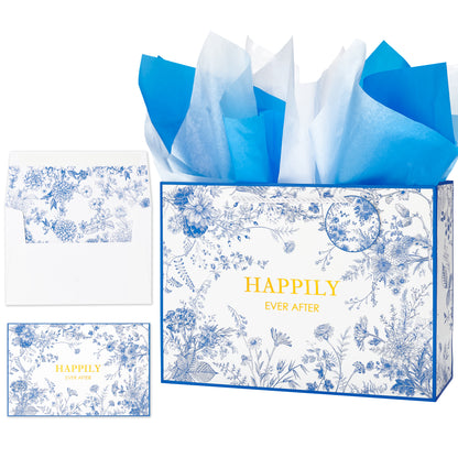 Crisky 13" Large Gift Bag with Tissue Paper and Card (Happily Ever After), Blue Floral Gift Bags for Weddings, Bridal Showers, Engagements