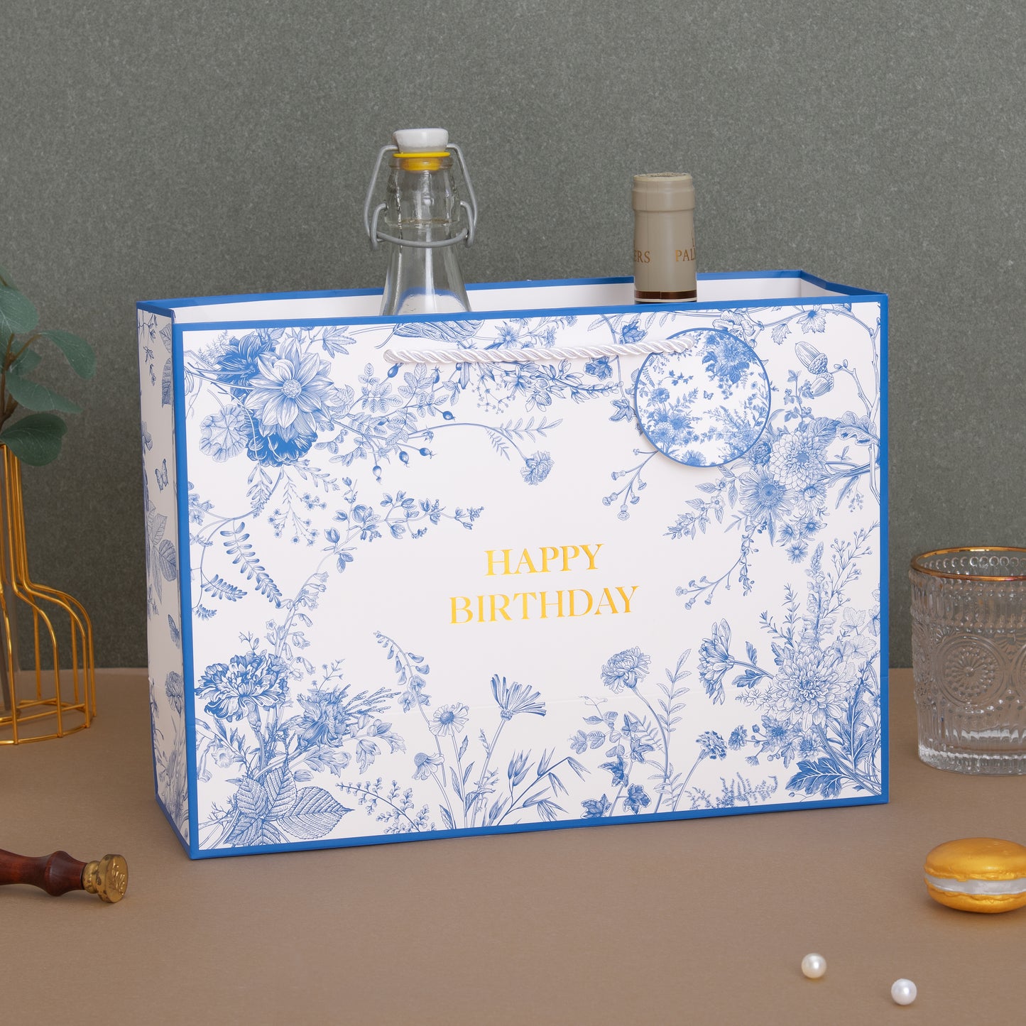 Crisky 13" Large Happy Birthday Gift Bag with Tissue Paper and Card for Women, Blue Floral Birthday Bags with Handles for Birthday Party