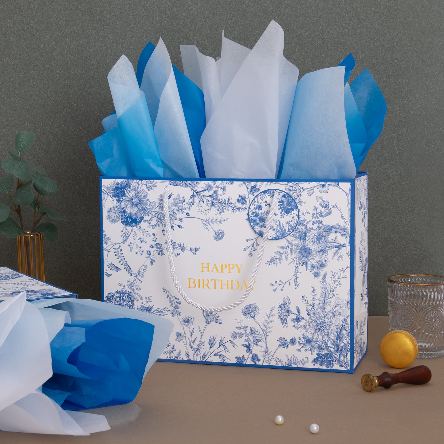 Crisky 13" Large Happy Birthday Gift Bag with Tissue Paper and Card for Women, Blue Floral Birthday Bags with Handles for Birthday Party