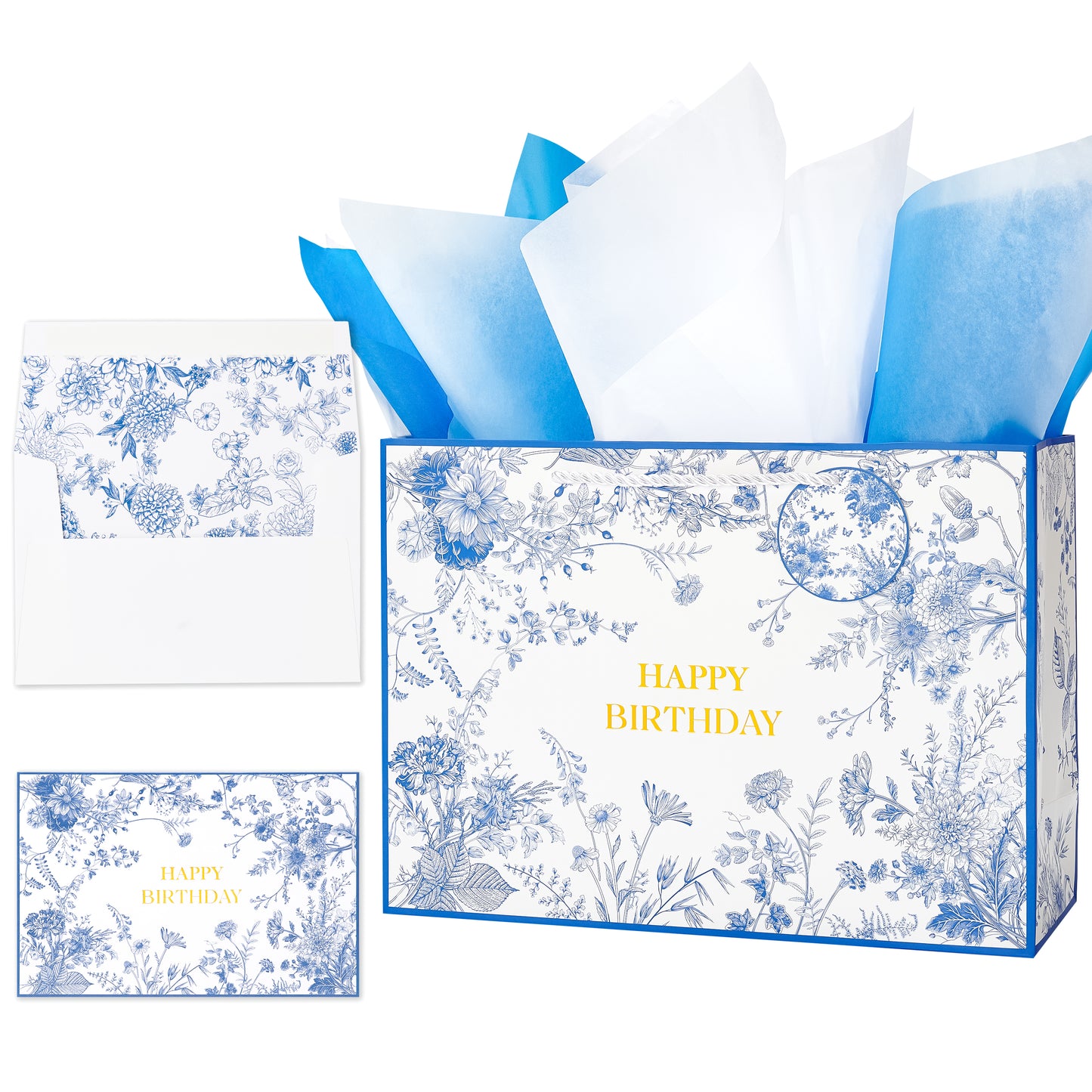 Crisky 13" Large Happy Birthday Gift Bag with Tissue Paper and Card for Women, Blue Floral Birthday Bags with Handles for Birthday Party