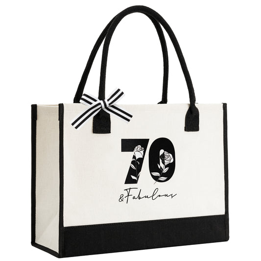 Crisky 70th Birthday Gifts for Women Canvas Tote Bag 70 & Fabulous Beach Bag for Wife/Sister/Mom/Aunt/Friends 70th Birthday Gifts,17" x 12" x 7"