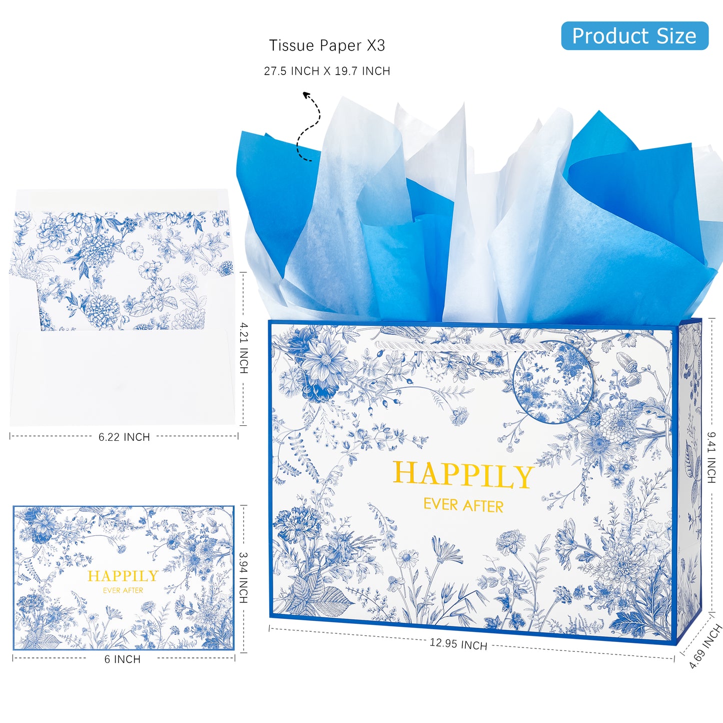 Crisky 13" Large Gift Bag with Tissue Paper and Card (Happily Ever After), Blue Floral Gift Bags for Weddings, Bridal Showers, Engagements