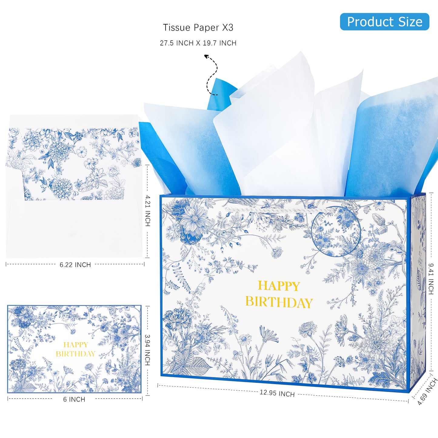 Crisky 13" Large Happy Birthday Gift Bag with Tissue Paper and Card for Women, Blue Floral Birthday Bags with Handles for Birthday Party