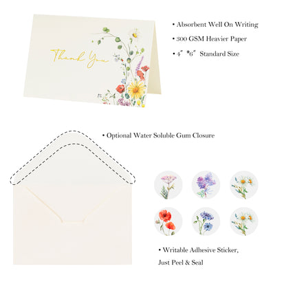 Crisky Thank You Cards 4 Assortment, Watercolor WildFlowers (50 Cards with Envelopes for Birthday, Baby Shower, Bridal Shower, Wedding, All Occasion)