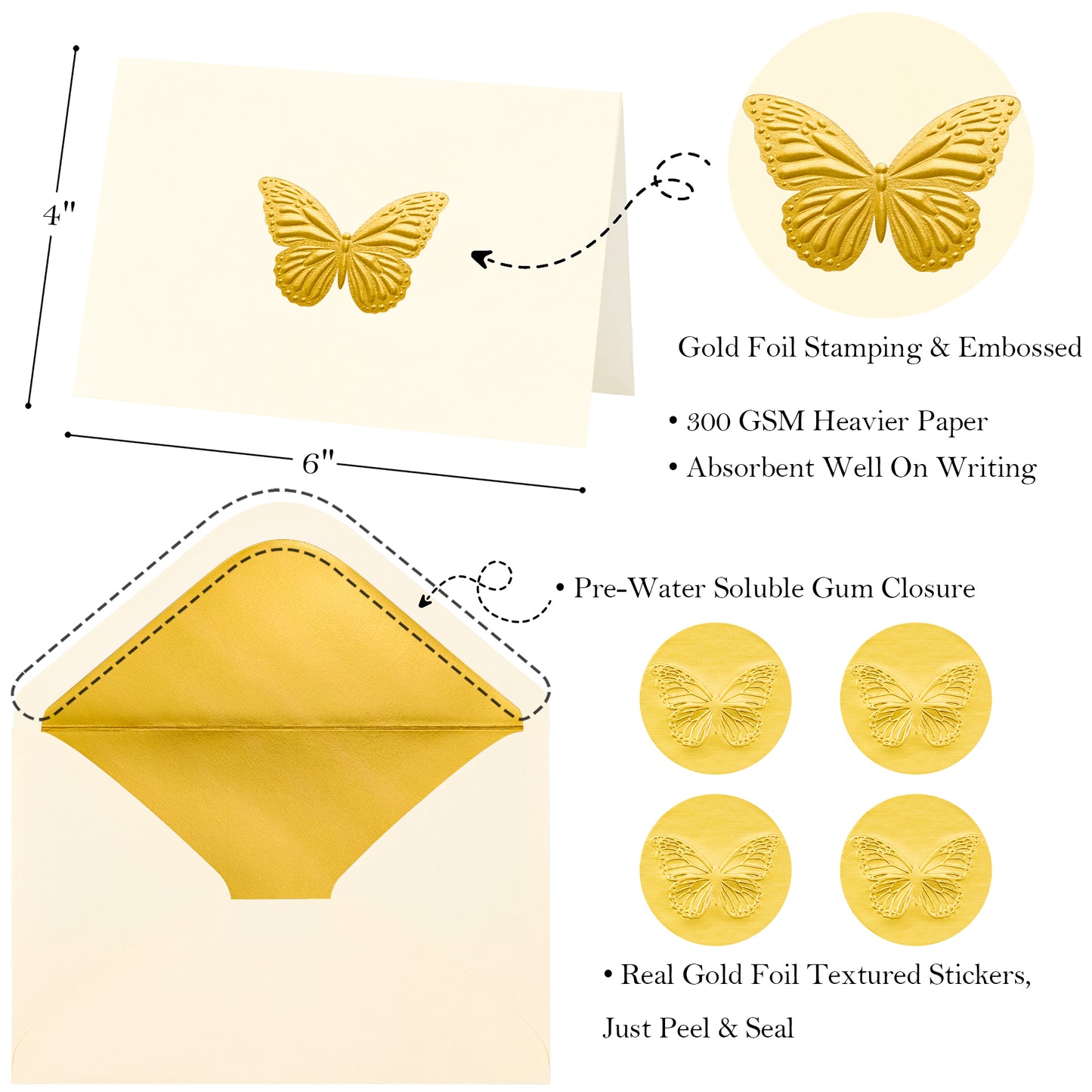 Crisky Embossed Gold Blank Greeting Cards with Envelopes & Stickers 50 Pack Butterfly Note Cards Bulk for Birthday, Baby Shower,Bridal Shower, Wedding, Graduation Blank Inside