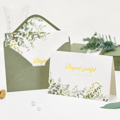 Crisky Gold Foil Beyond Grateful Thank You Cards 4 Assortment,Eucalyptus Leaves (25 Cards with Envelopes for Birthday,Baby Shower,Bridal Shower,Wedding,All Occasion)