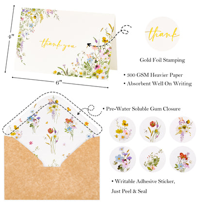 Crisky 4 Assorted Gold Foil WildFlowers Thank You Cards, (50 Cards with Envelopes for Birthday, Baby Shower, Bridal Shower, Wedding, All Occasion)