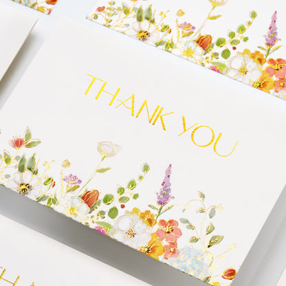 Crisky Gold Foil Wildflower Thank Cards with Envelopes 50 Pack bulk 4x6 Inch Kraft envelopes Flower Greeting Cards with Envelopes For Baby Shower, Wedding, Bridal Shower, Graduation