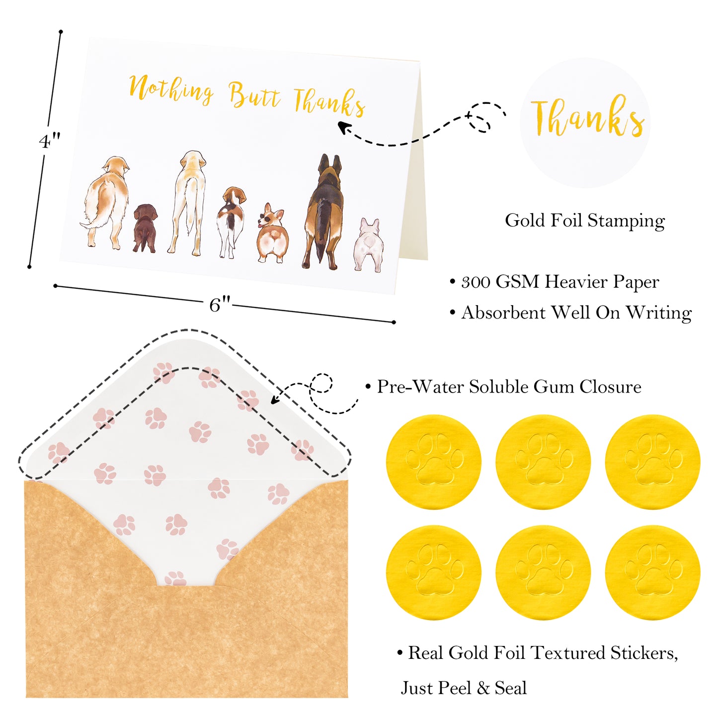 Crisky 50 Count Dog Thank You Cards Nothing Butt Thanks Gold Foil Greeting Cards with Envelopes & Stickers For Friends, Women Men, Teachers, Colleagues