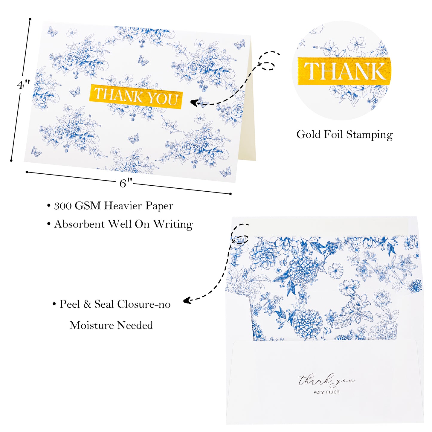 Crisky French Blue Floral Toile de Jouy Thank you cards Gold Foil Greeting Notes Bulk with Envelopes (50 Pack) for Birthday, Baby Shower, Bridal Shower, Wedding, Graduation