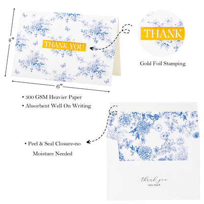 Crisky French Blue Floral Toile de Jouy Thank you cards Gold Foil Greeting Notes Bulk with Envelopes (50 Pack) for Birthday, Baby Shower, Bridal Shower, Wedding, Graduation