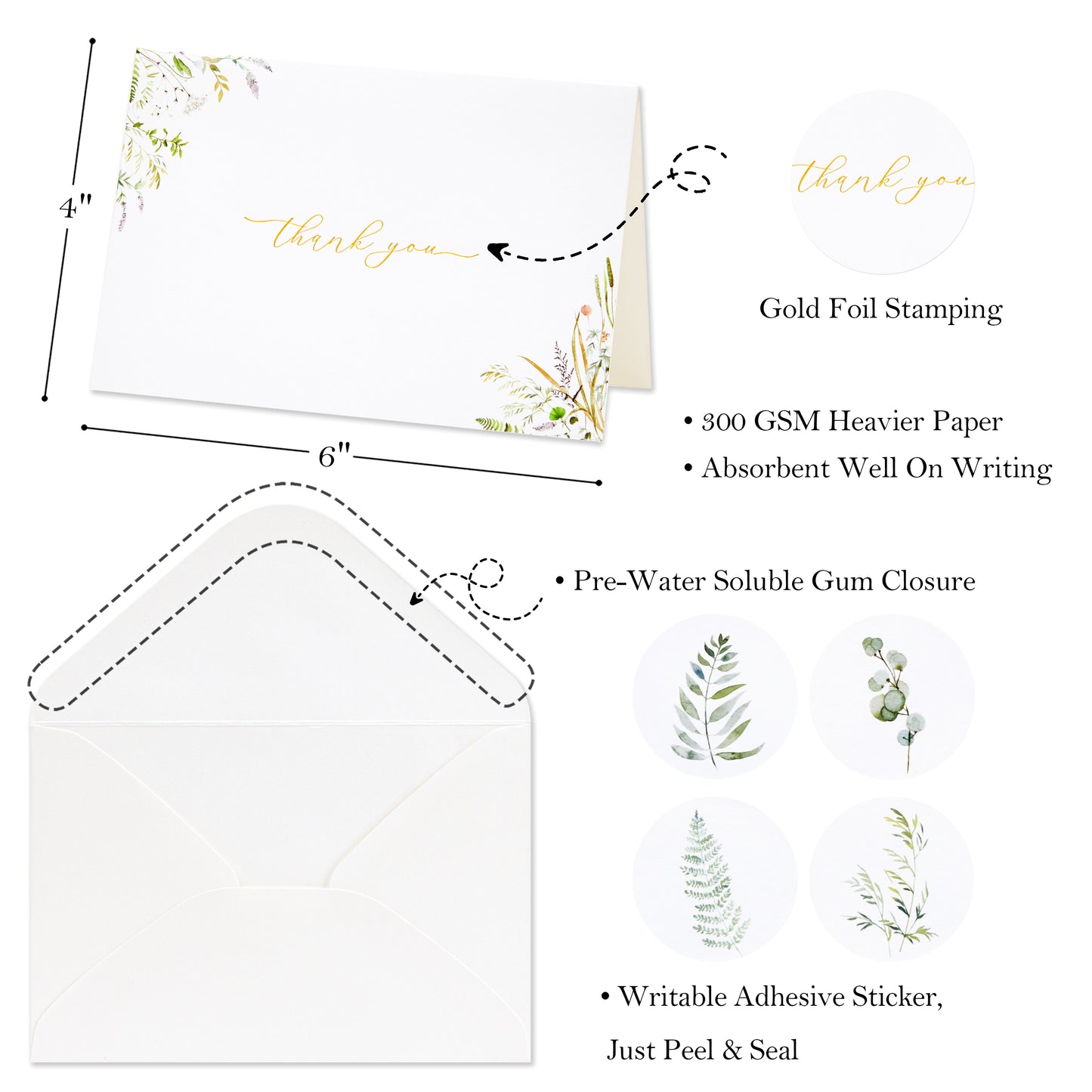 Crisky 4 Assortment Gold Foil Greenery Thank You Cards (50 pack) with Envelopes, Botanical Cards, Birthday, Baby Shower, Bridal Shower, Wedding, All Occasion