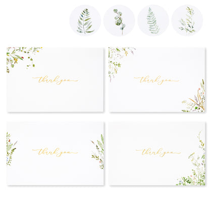 Crisky 4 Assortment Gold Foil Greenery Thank You Cards (50 pack) with Envelopes, Botanical Cards, Birthday, Baby Shower, Bridal Shower, Wedding, All Occasion