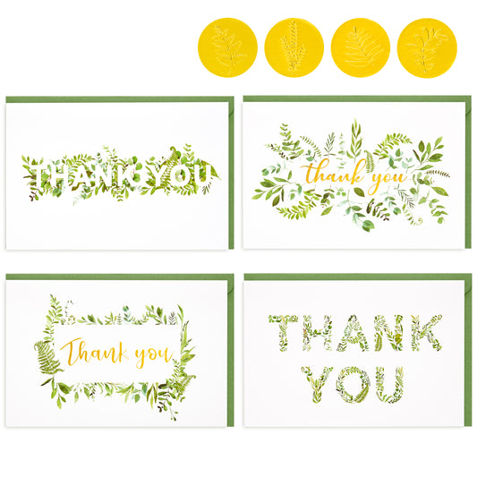 Crisky Gold Foil Green Thank You Cards with Envelopes 4 Assortment Greenery Wedding Thank You Cards, 50 Pack for Baby Shower, Bridal Shower, Business Birthday