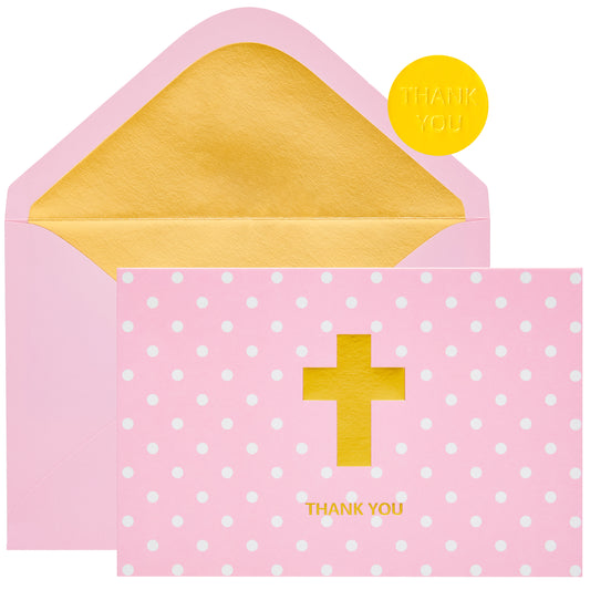 Crisky Girl Baptism Thank You Cards with Envelopes, Christian Cross Thank You Cards Baby Shower, Religious Thank You Cards, 50 pack Pink Gold Foil for Baptism, Wedding, Funeral, Bridal Shower