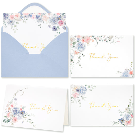 Crisky Floral Thank You Cards with Envelopes, Wildflower Hydrangea Blank Cards and Envelopes, WaterColor Blue Pink Thank You Notes for Wedding, Bridal Shower, Baby Shower Birthday, 50Pcs, 4 x 6 Inch