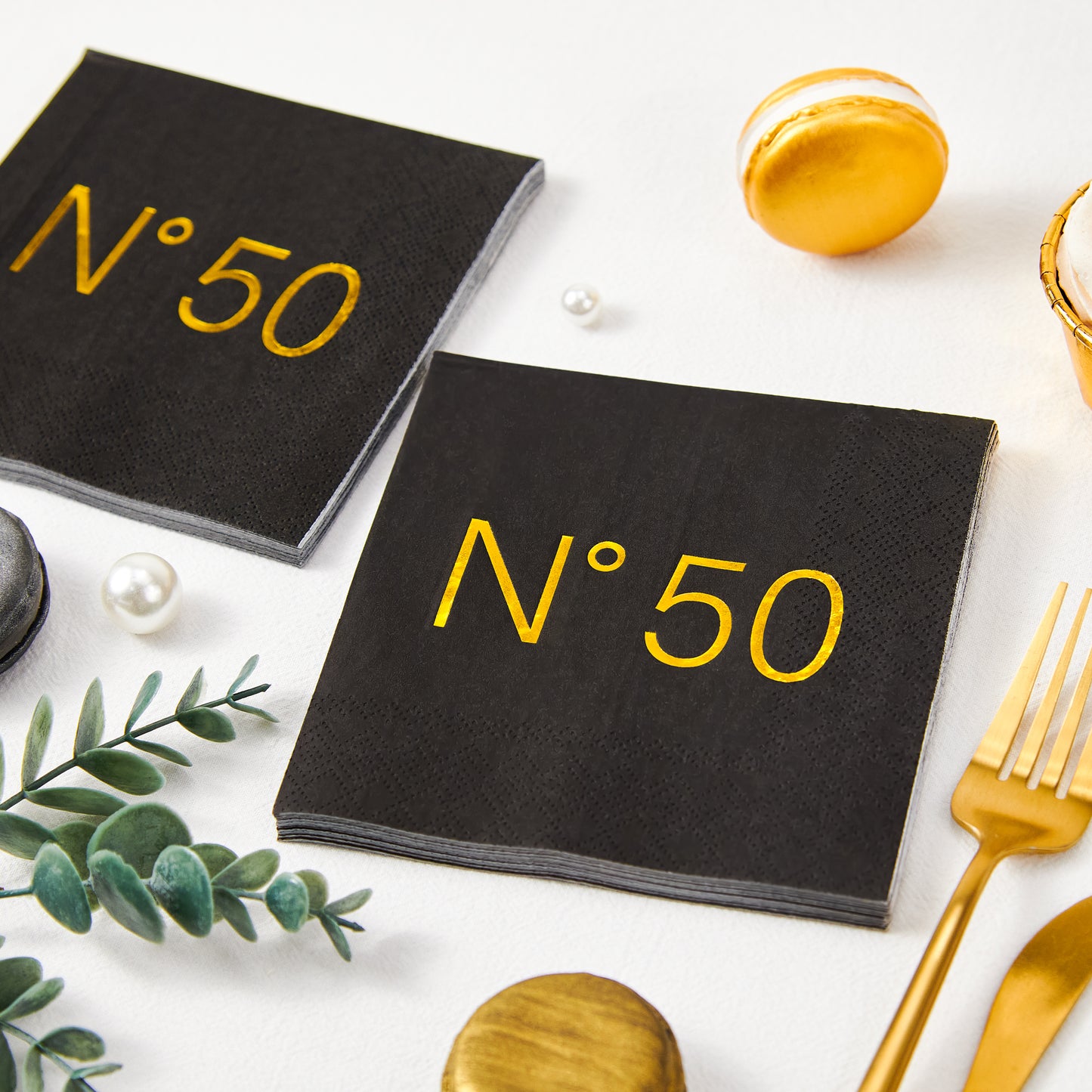 Crisky 50 Pcs N50 Black Gold Foil Cocktail Happy 50th Birthday Disposable Paper Napkins for 50th Birthday Party Decoration, 3-Ply