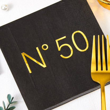 Crisky 50 Pcs N50 Black Gold Foil Cocktail Happy 50th Birthday Disposable Paper Napkins for 50th Birthday Party Decoration, 3-Ply