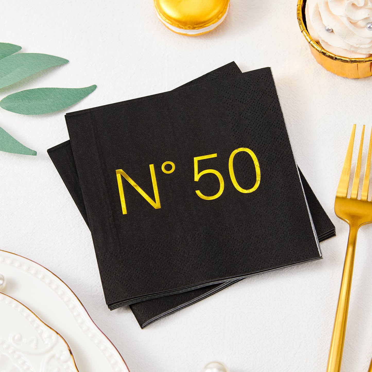 Crisky 50 Pcs N50 Black Gold Foil Cocktail Happy 50th Birthday Disposable Paper Napkins for 50th Birthday Party Decoration, 3-Ply