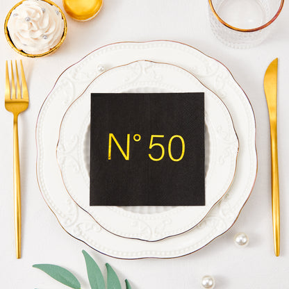 Crisky 50 Pcs N50 Black Gold Foil Cocktail Happy 50th Birthday Disposable Paper Napkins for 50th Birthday Party Decoration, 3-Ply