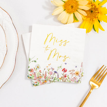 Crisky Floral Bridal Shower Napkins - Gold Foil Miss to Mrs Paper Disposable Napkins for Engagement/Bridal Shower/Bridal/Bachelorette Party Decoration, 3-Ply, 50 Counts