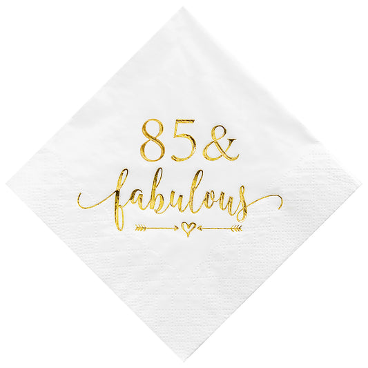 Crisky 85 and Fabulous Cocktail Napkins Gold for Women 85th Birthday Decorations, 85th Birthday Bevergae Dessert Table Supplies, 50Pcs, 3-Ply