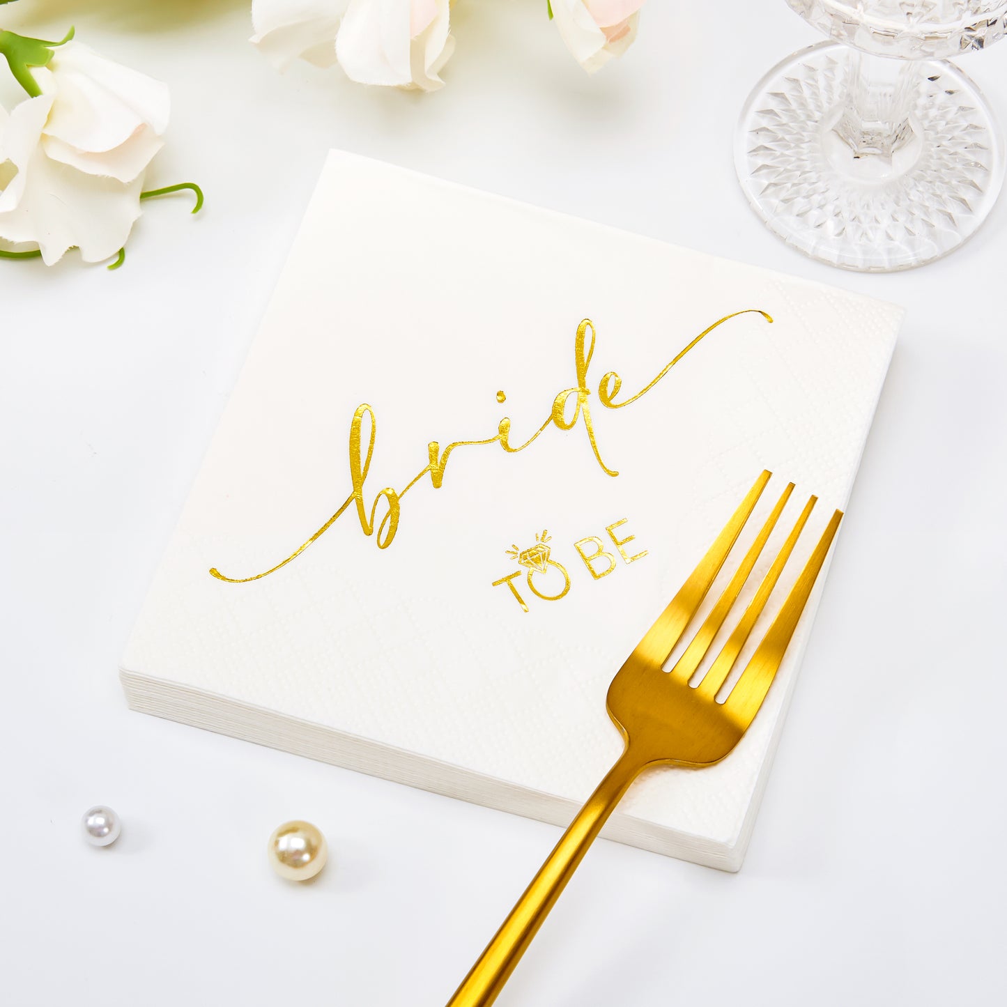 Crisky 50 Pcs Bride to Be Gold Foil Cocktail Disposable Paper Napkins for Engagement, Bridal Shower Party Decoration, 3-Ply