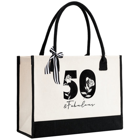 Crisky 50th Birthday Gifts for Women Canvas Tote Bag 50 & Fabulous Beach Bag for Wife/Sister/Mom/Aunt/Friends 50th Birthday Gifts,17" x 12" x 7"
