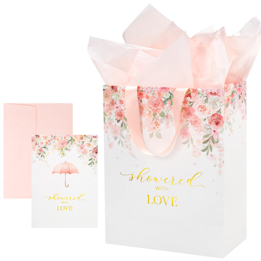 Crisky 13" Large Bridal Shower Bag with Bridal Shower Card Flower (Showered with Love) Gift Bag with Tissue Paper, Gift Card for Wedding, Bridal Shower, Engagement Party