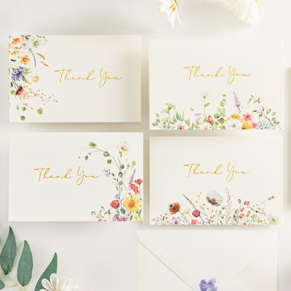 Crisky Thank You Cards 4 Assortment, Watercolor WildFlowers (50 Cards with Envelopes for Birthday, Baby Shower, Bridal Shower, Wedding, All Occasion)