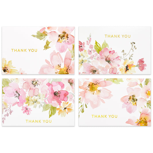 Crisky Watercolor Flower 4 Assorted Gold Foil Thank You Cards (50 Pack) with Envelopes & Stickers Printable Greeting Cards Bulk for Birthday, Baby Shower, Bridal Shower, Wedding, All Occasion