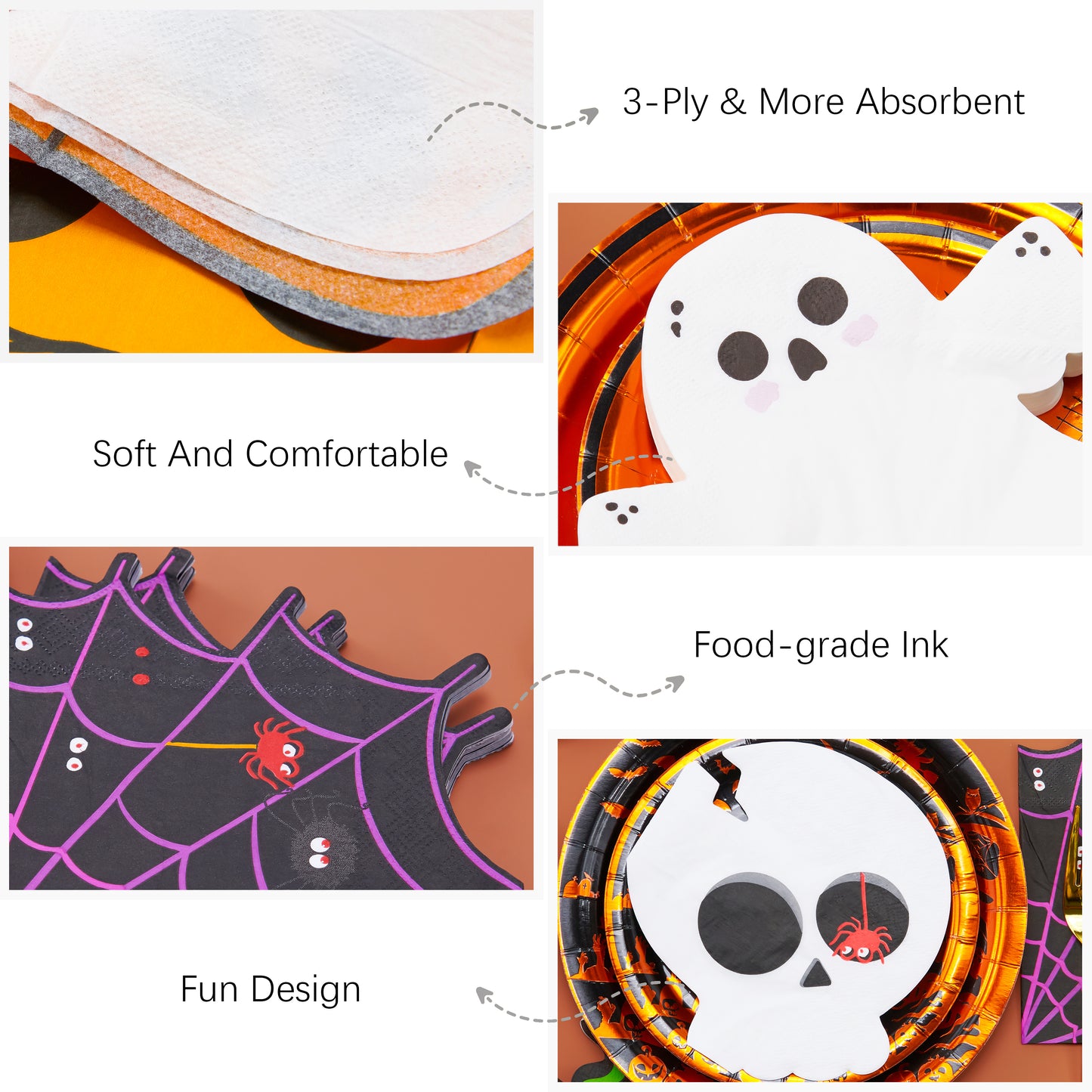 Crisky Disposable Halloween Napkins - 4 Assorted Design - Paper Cocktail Napkins for Halloween Party Decoration, 3-Ply, 100 Counts