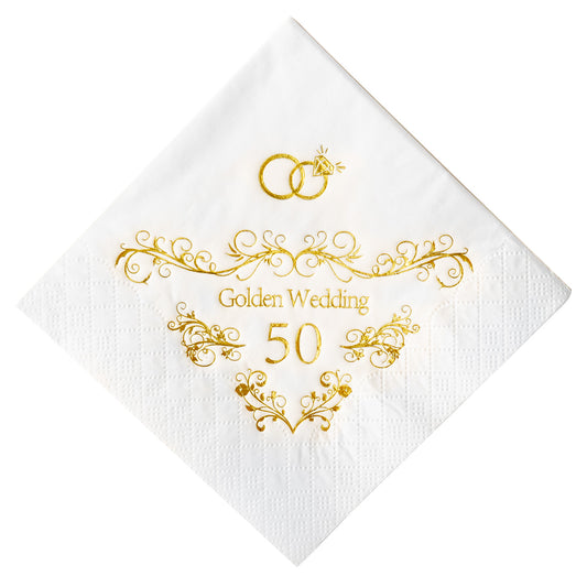 Crisky 50th Wedding Anniversaray Napkins Golden Cocktail Beverage Napkins, 50th Wedding Anniversary Decorations for Candy Cake Table, 50 Pcs, 3-ply