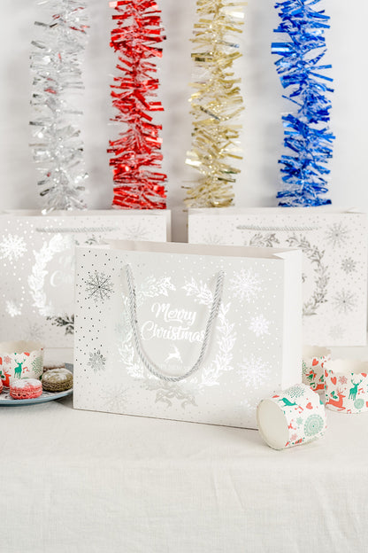 Crisky Merry Christmas & Happy New Year Gift Bags, Foil Silver, 11" x 8" x 4", Medium Bags 12 Pcs