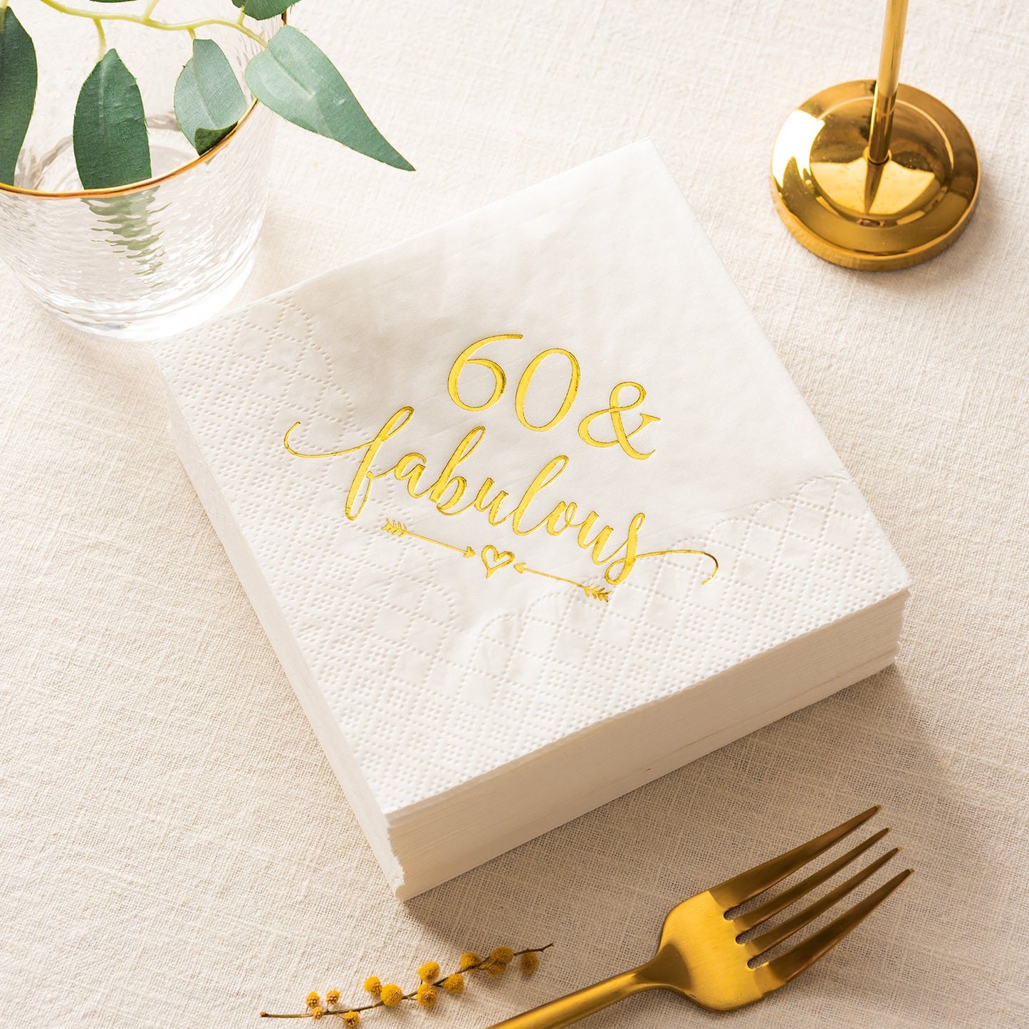 Crisky 60 and Fabulous Cocktail Napkins Gold for Women 60th Birthday Decorations, 60th Birthday Bevergae Dessert Table Supplies, 50Pcs, 3-Ply