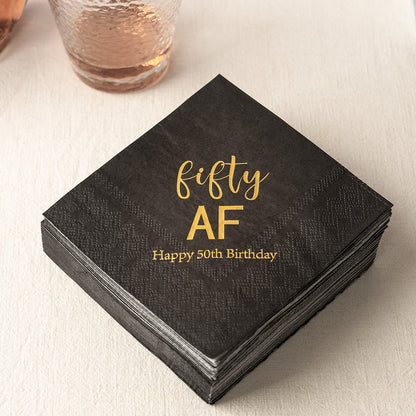 Crisky 50th Birthday Napkins Black Gold Fifty 50th Birthday Cocktail Napkins Beverage Napkins 50th Birthday Party Candy Table Decoration, 50 Count, 3-Ply