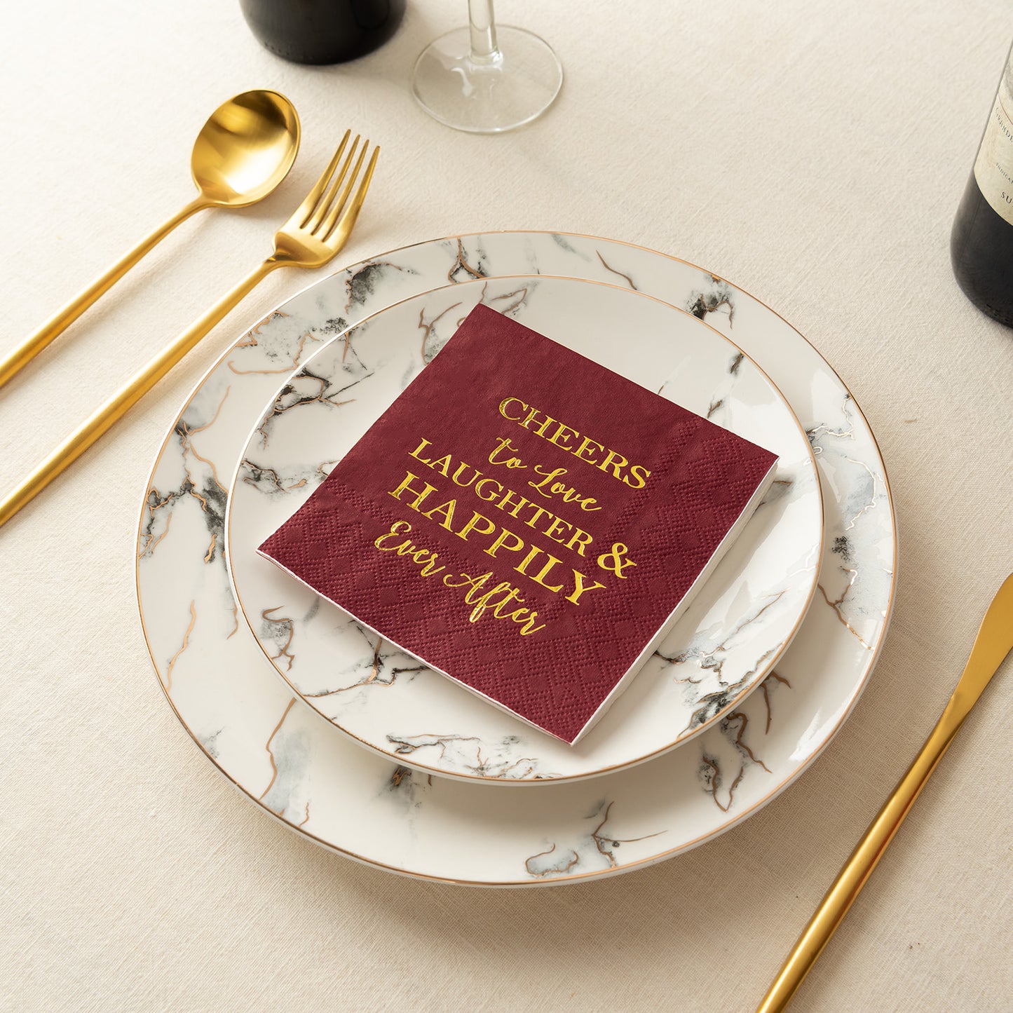 Crisky Burgundy Gold Bridal Shower Napkins Disposable Cocktail Napkins Gold Foil Beverage Desert Cake Napkins Engagement Party Decorations & Wedding Shower, Rehearsal Dinners Napkins [50 pcs, 3-ply]