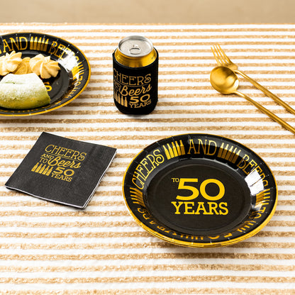 Crisky 50th Birthday Plates Black and Gold 9 inches 50 Pack, for Dessert, Buffet, Cake, Lunch, Dinner Plates for 50th Birthday Decorations Party Supplies, Cheers to 50 Years!