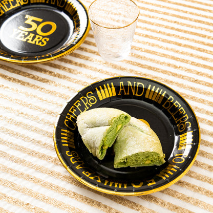 Crisky 50th Birthday Plates Black and Gold 9 inches 50 Pack, for Dessert, Buffet, Cake, Lunch, Dinner Plates for 50th Birthday Decorations Party Supplies, Cheers to 50 Years!