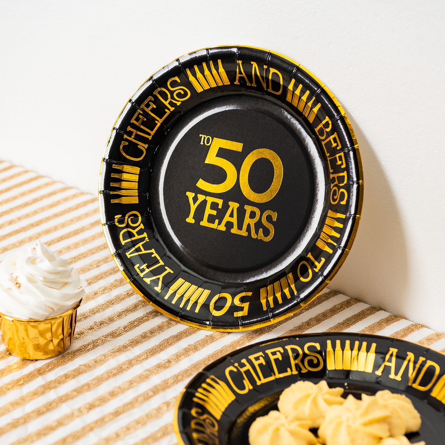 Crisky 50th Birthday Plates Black and Gold 9 inches 50 Pack, for Dessert, Buffet, Cake, Lunch, Dinner Plates for 50th Birthday Decorations Party Supplies, Cheers to 50 Years!