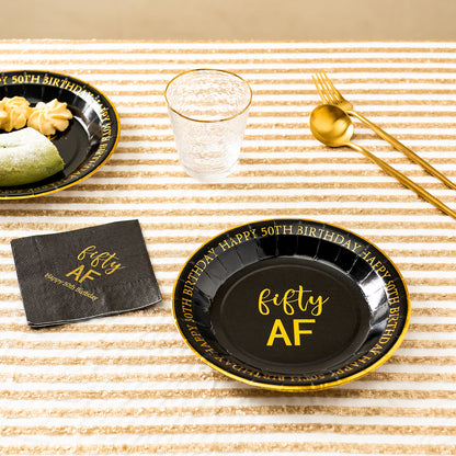 Crisky 50th Birthday Plates Black and Gold Dessert, Buffet, Cake, Lunch, Dinner Plates for 50th Birthday Decorations Party Supplies, Fifty , Happy 50th Birthday! 50 Count, 9" Plate