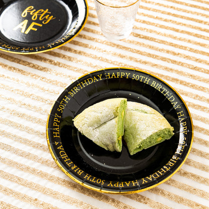 Crisky 50th Birthday Plates Black and Gold Dessert, Buffet, Cake, Lunch, Dinner Plates for 50th Birthday Decorations Party Supplies, Fifty , Happy 50th Birthday! 50 Count, 9" Plate