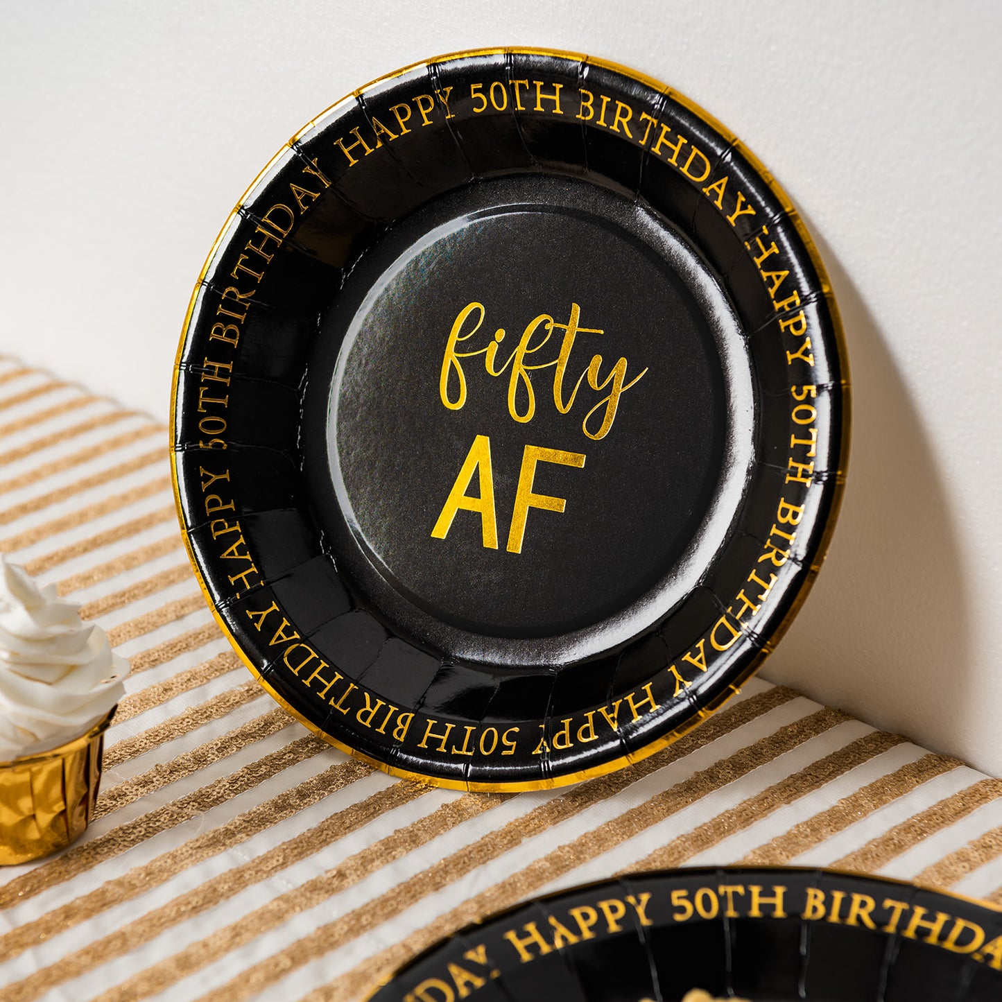 Crisky 50th Birthday Plates Black and Gold Dessert, Buffet, Cake, Lunch, Dinner Plates for 50th Birthday Decorations Party Supplies, Fifty , Happy 50th Birthday! 50 Count, 9" Plate