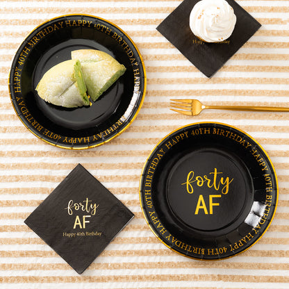 Crisky 40th Birthday Plates Black and Gold Dessert, Buffet, Cake, Lunch, Dinner Plates for 40th Birthday Decorations Party Supplies, Forty, Happy 40th Birthday! 50 Count, 9" Plate