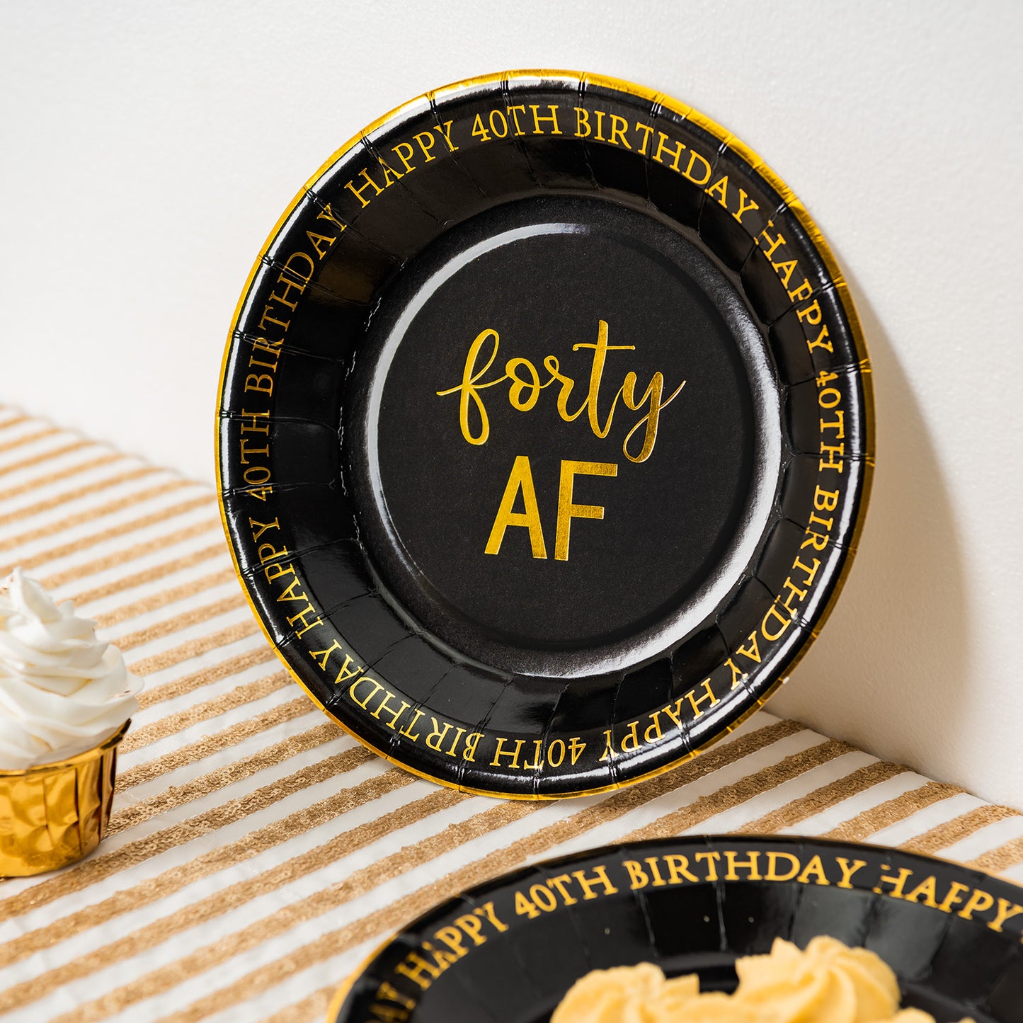 Crisky 40th Birthday Plates Black and Gold Dessert, Buffet, Cake, Lunch, Dinner Plates for 40th Birthday Decorations Party Supplies, Forty, Happy 40th Birthday! 50 Count, 9" Plate