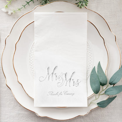 Crisky Mr & Mrs Dinner Napkins Silver Wedding Dinner Napkins Disposable Decorative Towels for Wedding Shower Banquet, Elegant Silver Wedding Rehearsal Dinner Party Decoraions ,50 Pcs, 3-ply, 12"x16"