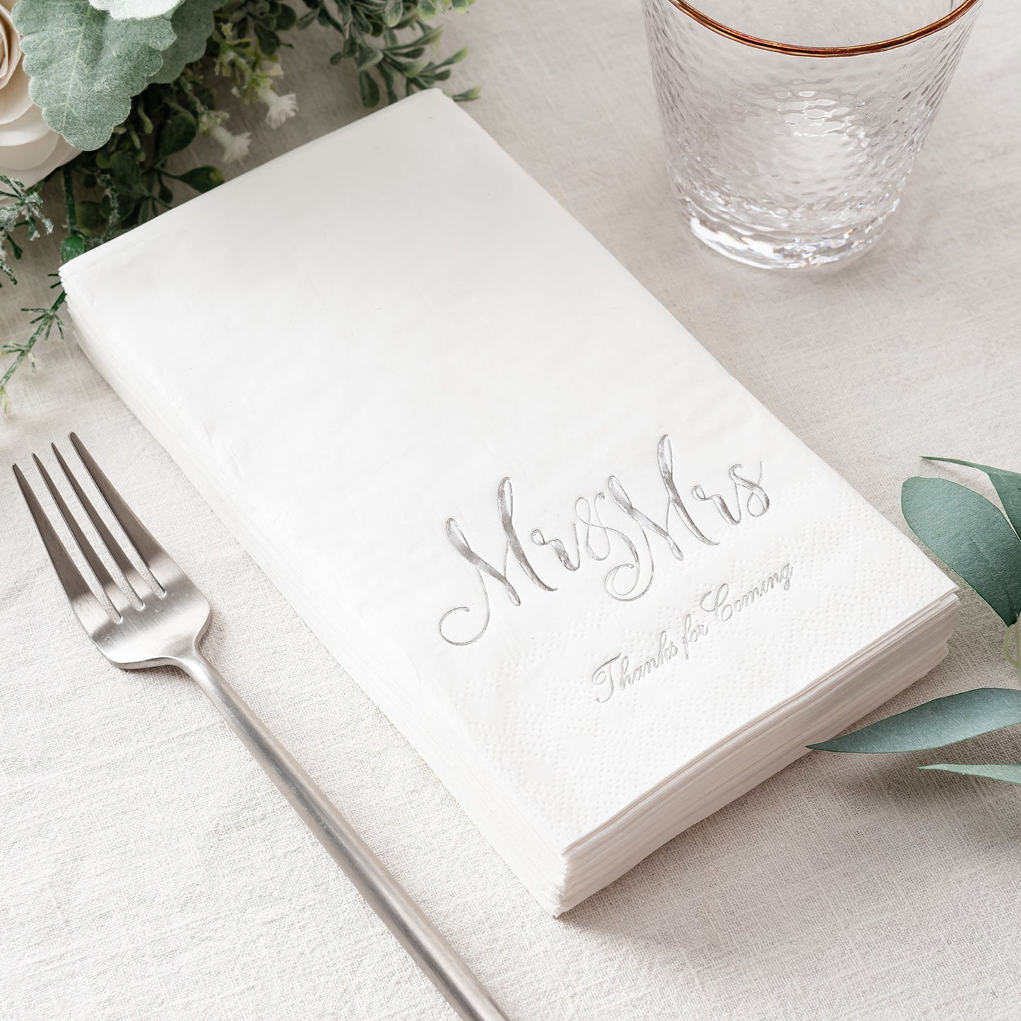 Crisky Mr & Mrs Dinner Napkins Silver Wedding Dinner Napkins Disposable Decorative Towels for Wedding Shower Banquet, Elegant Silver Wedding Rehearsal Dinner Party Decoraions ,50 Pcs, 3-ply, 12"x16"