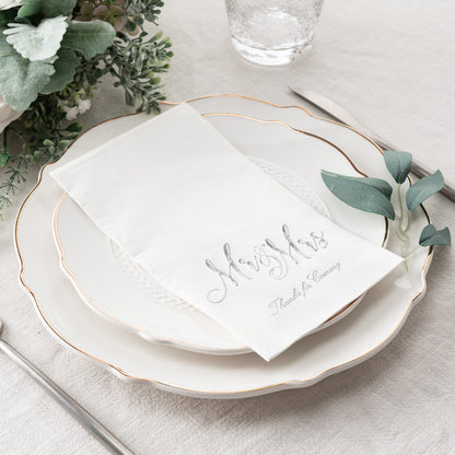 Crisky Mr & Mrs Dinner Napkins Silver Wedding Dinner Napkins Disposable Decorative Towels for Wedding Shower Banquet, Elegant Silver Wedding Rehearsal Dinner Party Decoraions ,50 Pcs, 3-ply, 12"x16"